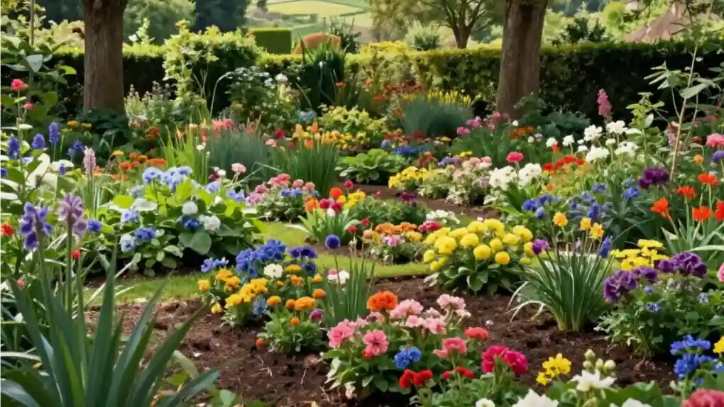Paysage de jardin à Barbizon, France, avec fleurs colorées, arbres et sols sains, illustrant un entretien écologique et respectueux de la nature