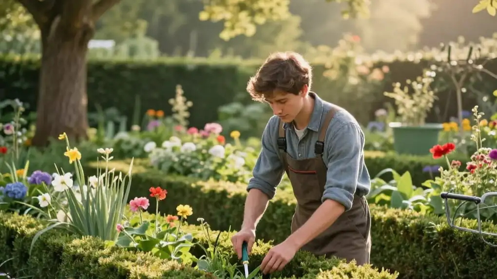 Jeune artisan paysagiste travaillant dans un jardin à Barbizon, près de la forêt de Fontainebleau, entre arbres, fleurs et buissons, prenant soin des plantes avec passion et respect de l'environnement