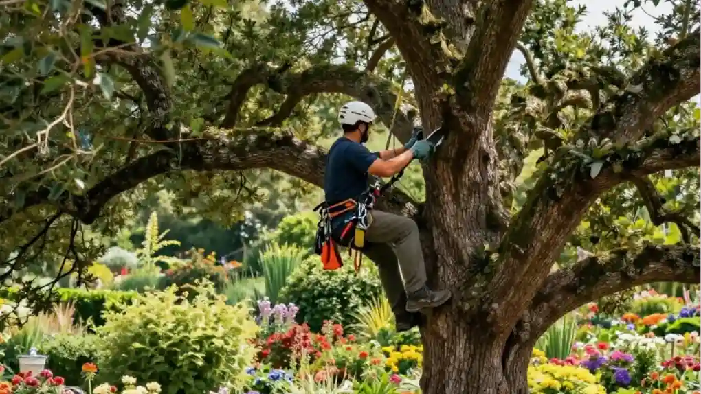 Arboriste en train d’élaguer un grand arbre dans un jardin à Barbizon, utilisant des équipements de sécurité, avec branches et feuillage détaillés