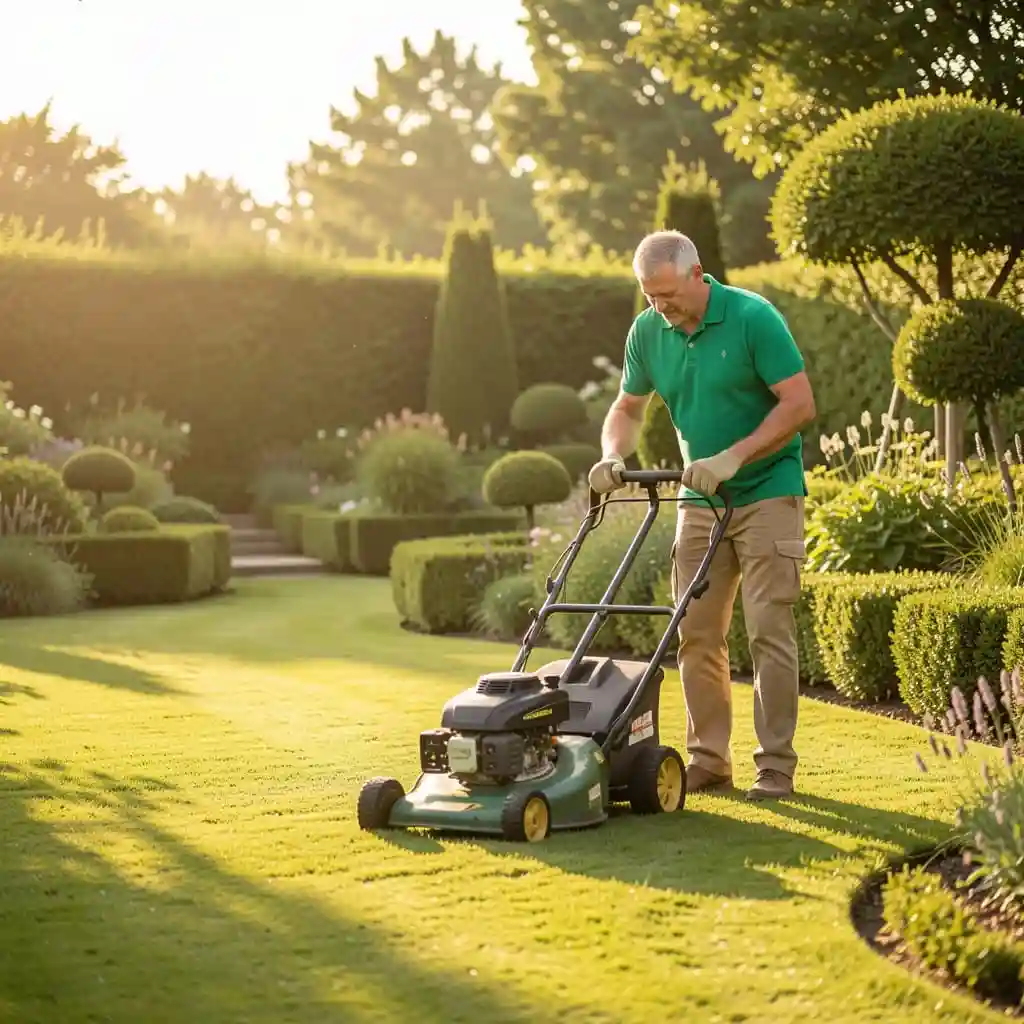 Paysagiste en train d’entretenir un jardin avec pelouse verte et plantes soignées dans un environnement lumineux