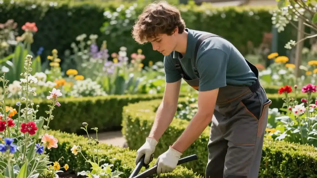 Jeune artisan paysagiste à Valence, France, en train de tailler des haies et planter des fleurs dans un jardin verdoyant avec respect de l'environnement