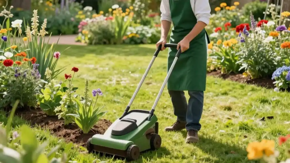 Jeune artisan paysagiste à Barbizon, France, en train de tondre la pelouse dans un jardin verdoyant, entouré d'arbres et de fleurs, avec attention et soin pour l'environnement