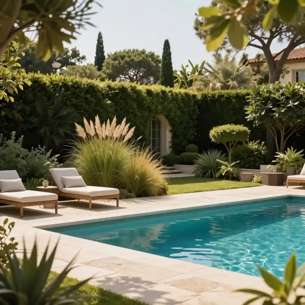 Jardin paysager aménagé autour d'une piscine avec terrasse et végétation