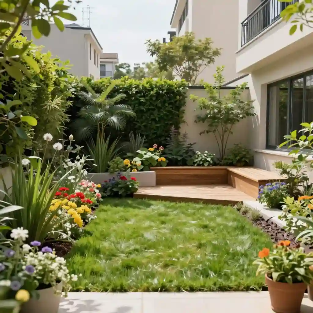 Petit jardin aménagé avec terrasse, végétation et espace détente