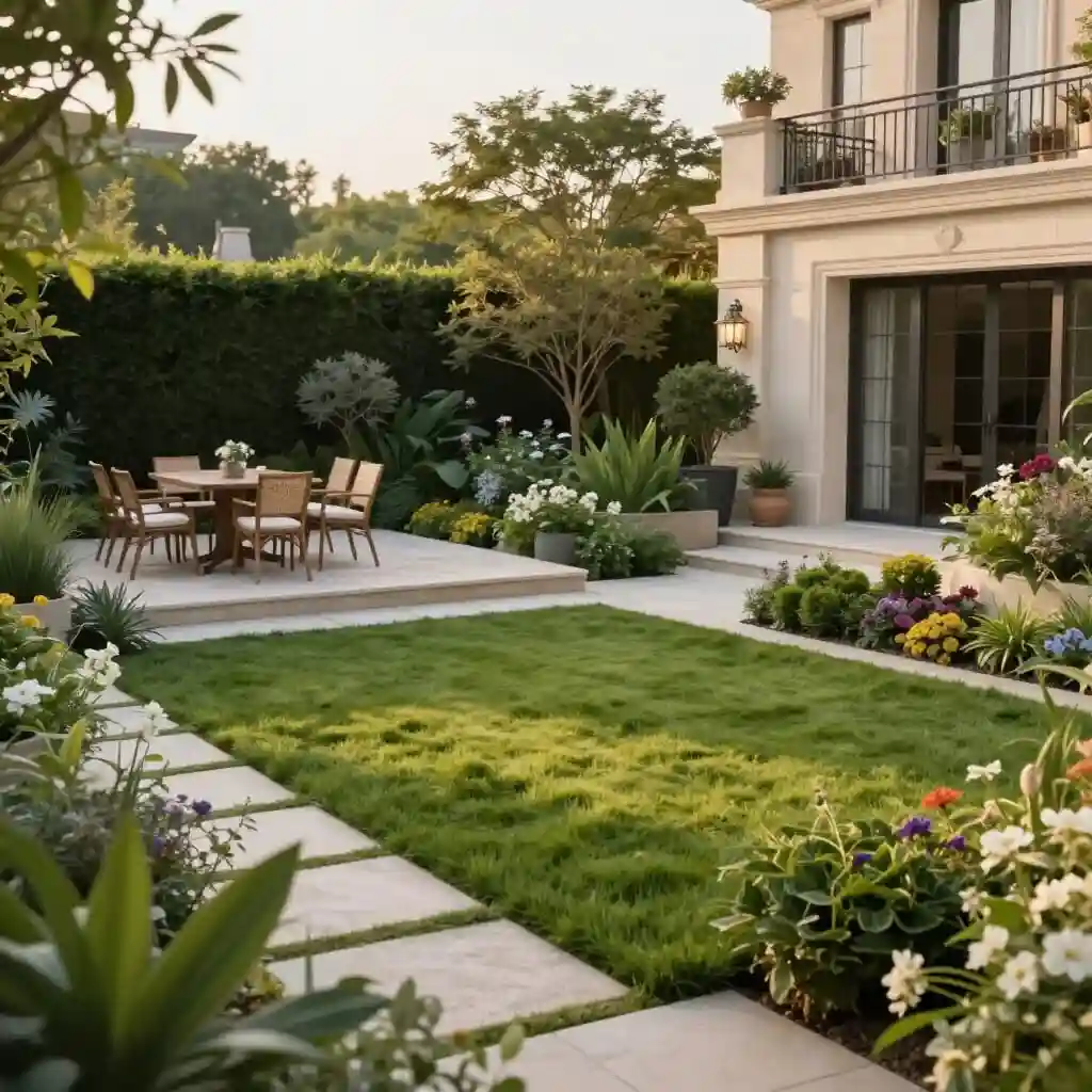 Jardin paysager avec différents espaces extérieurs harmonieusement aménagés