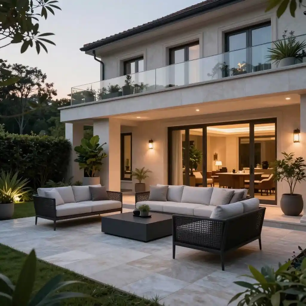 Terrasse aménagée avec mobilier, éclairage, plantations et revêtement adapté
