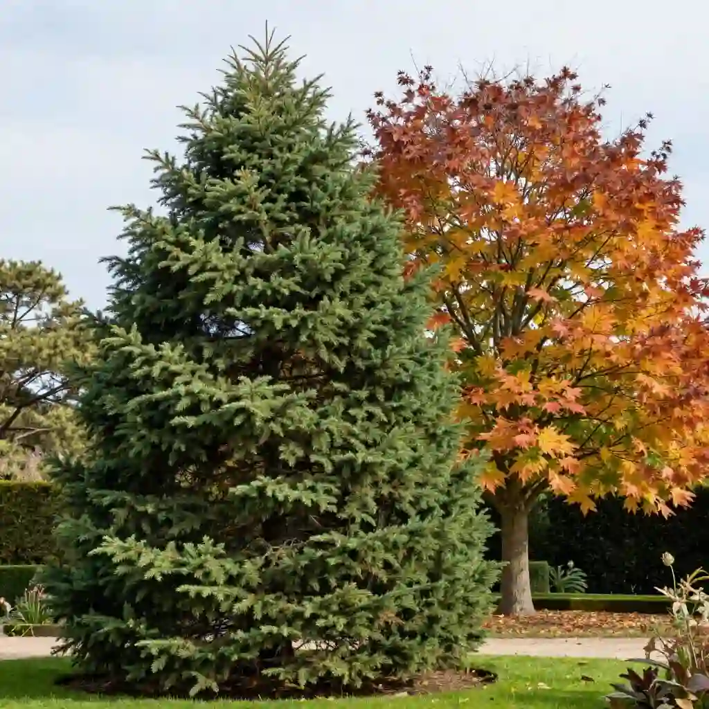 Comparaison entre un arbre persistant et un arbre caduc dans un jardin
