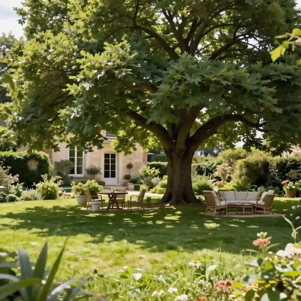 Grand arbre offrant une zone ombragée dans un jardin en été