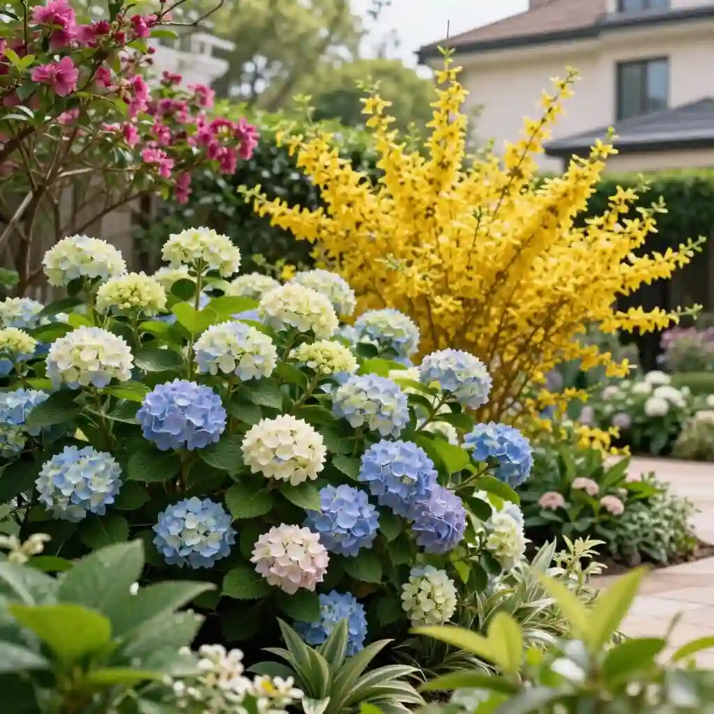 Arbustes fleuris en pleine floraison dans un jardin au printemps