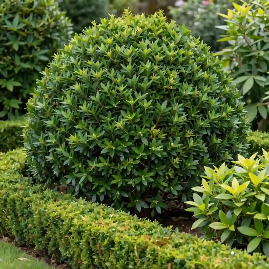 Arbustes persistants au feuillage vert dans un jardin toute l'année