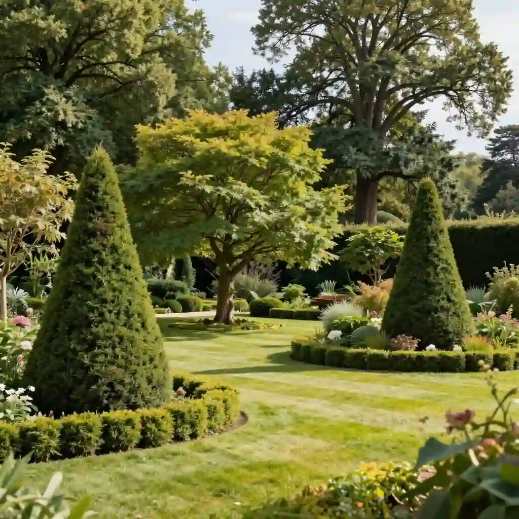 Différents arbres intégrés harmonieusement dans un jardin résidentiel