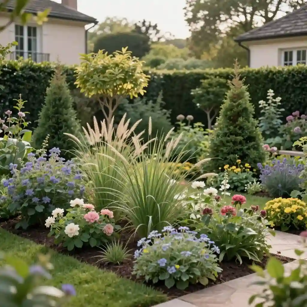 Diversité de plantes, arbres et arbustes dans un jardin résidentiel