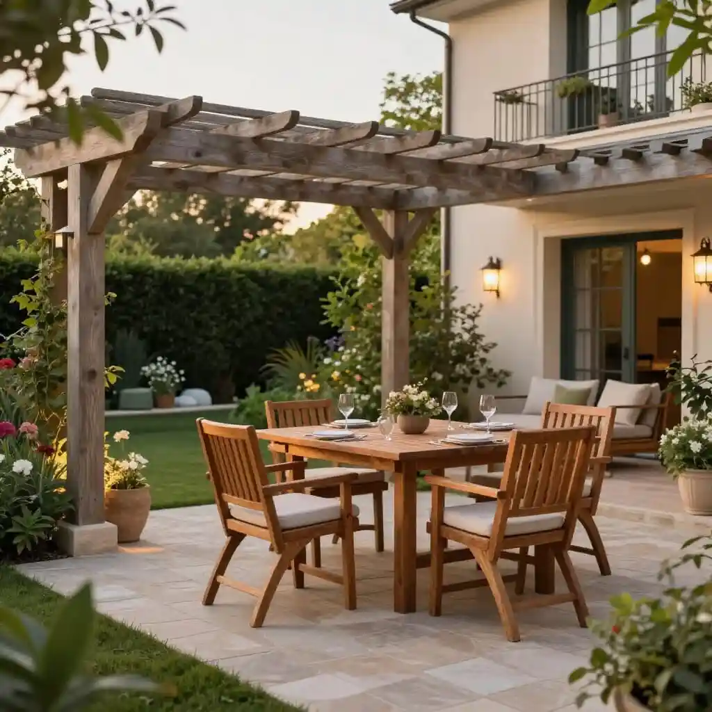 Espace repas aménagé dans un jardin avec table, chaises et végétation
