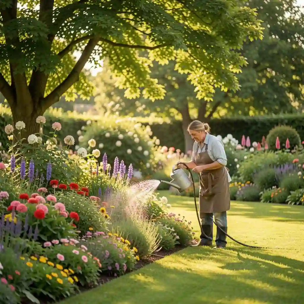 Entretien d'un jardin en été avec arrosage des plantes et du gazon