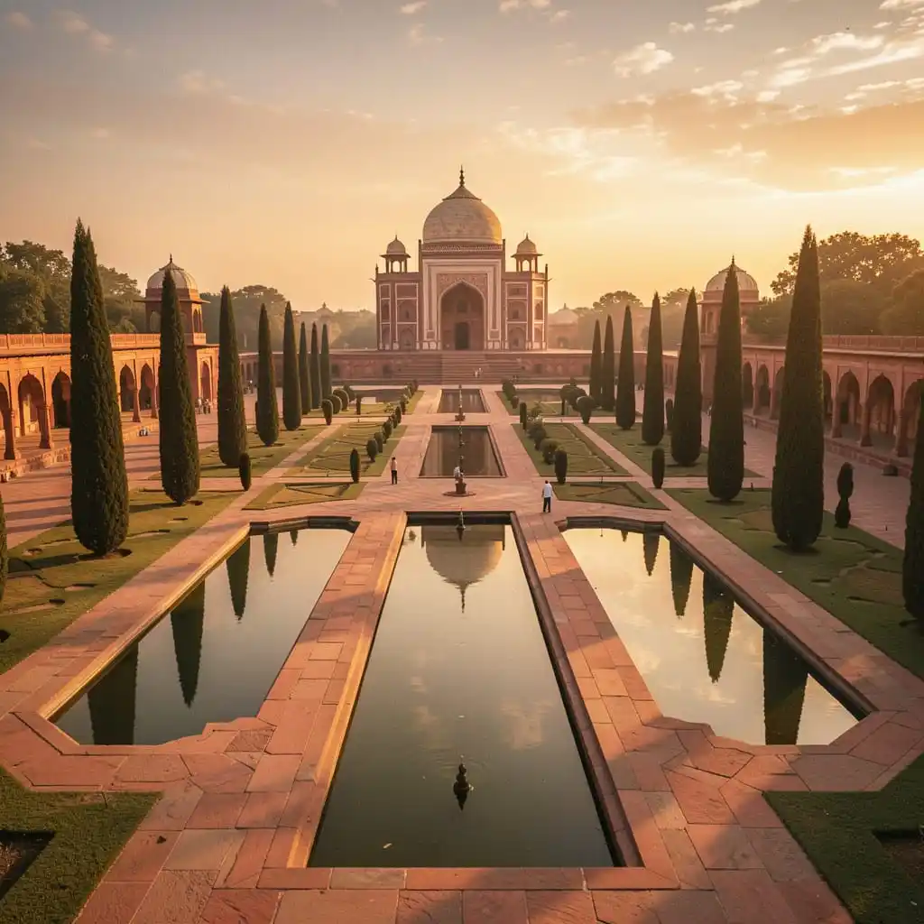 Jardin moghol de la tombe de Humayun à Delhi avec composition géométrique