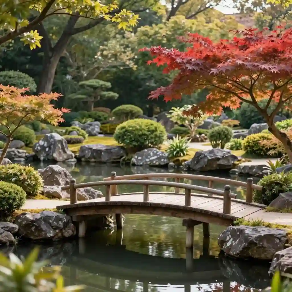 Jardin japonais Albert-Kahn avec pont, bassin et végétation traditionnelle