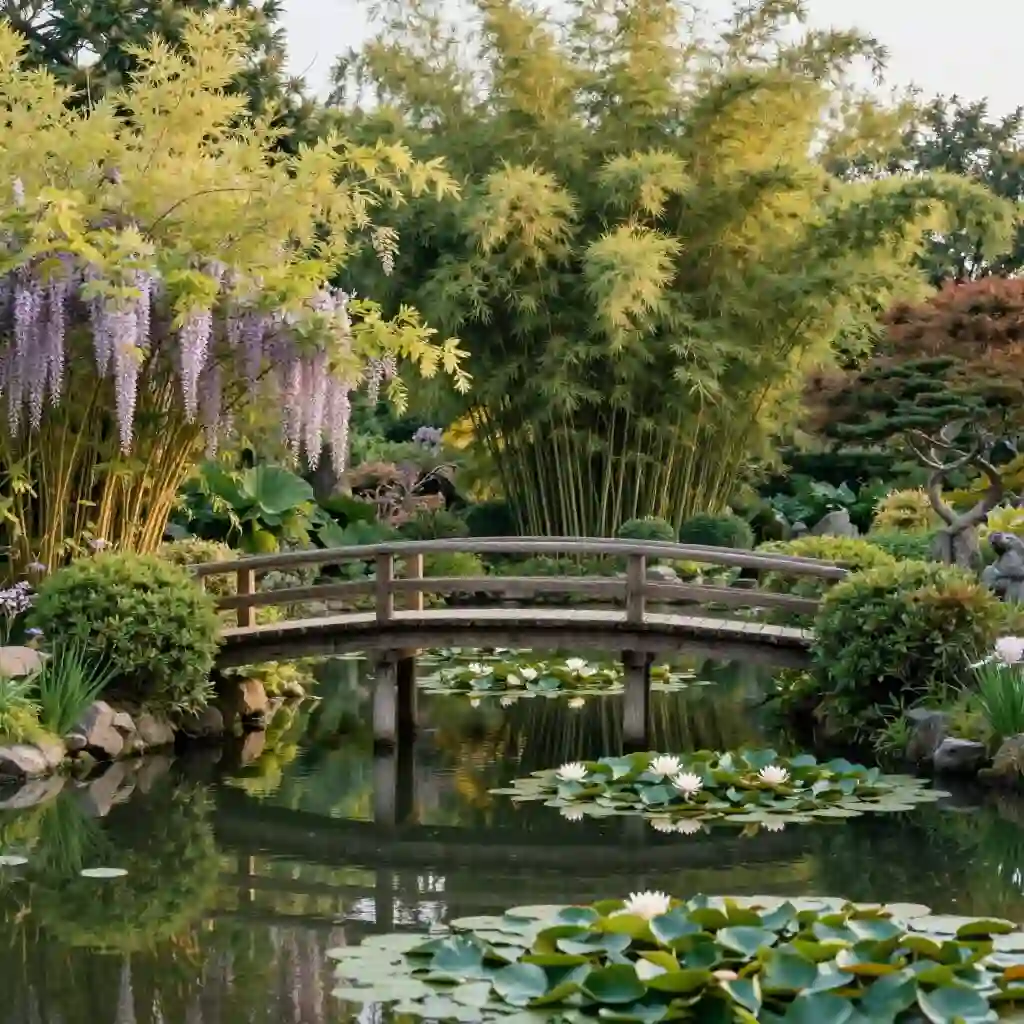 Jardin japonais de Giverny avec pont japonais et bassin aux nénuphars