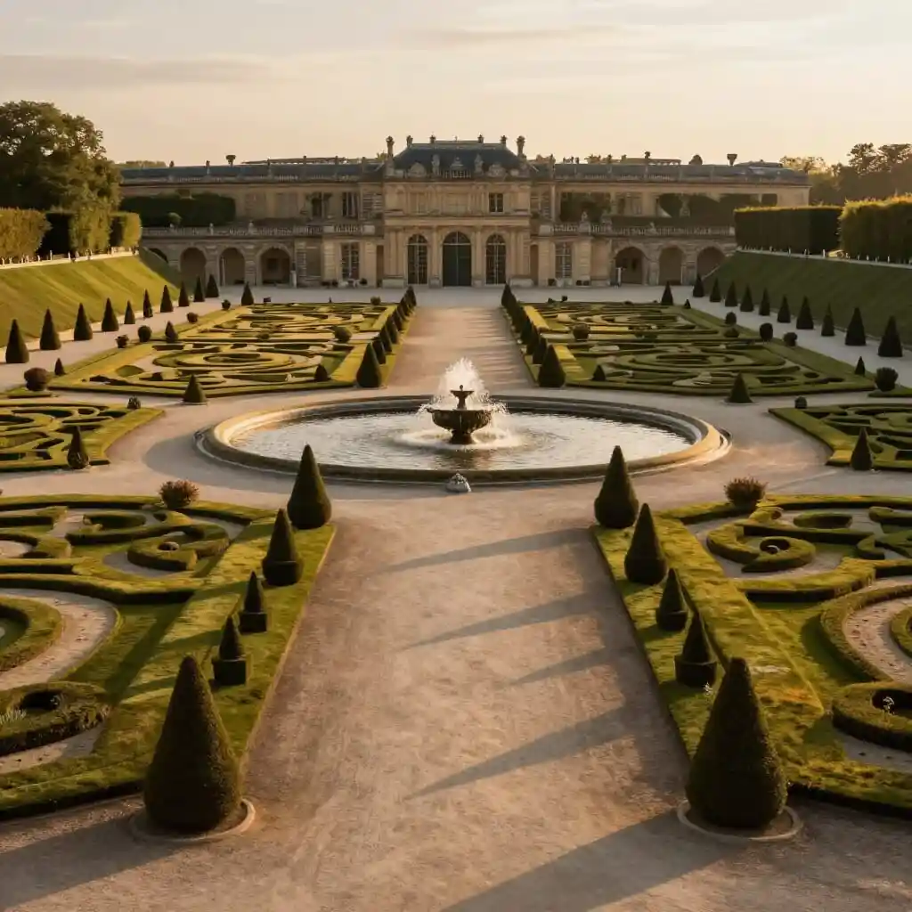 Jardin à la française avec parterres géométriques et végétation taillée