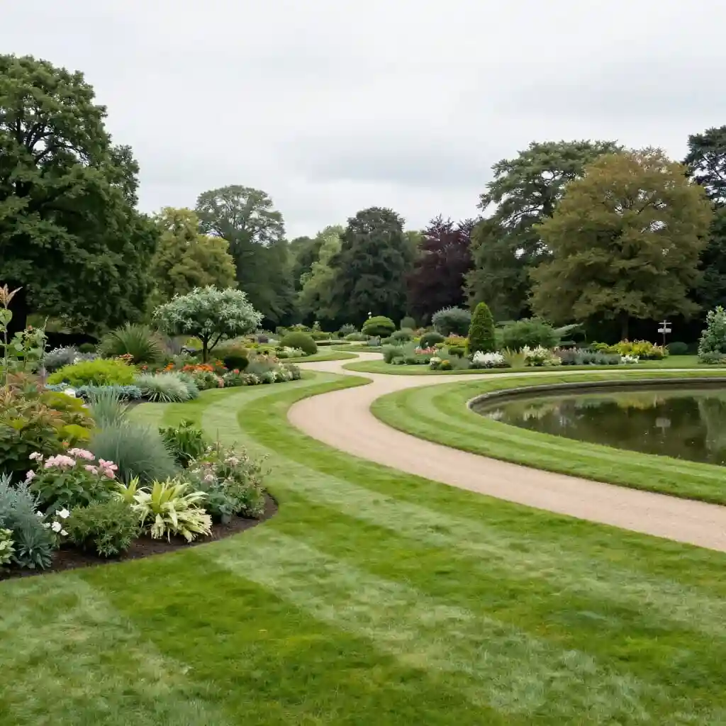 Jardin à l'anglaise avec pelouse naturelle, arbres et chemin sinueux