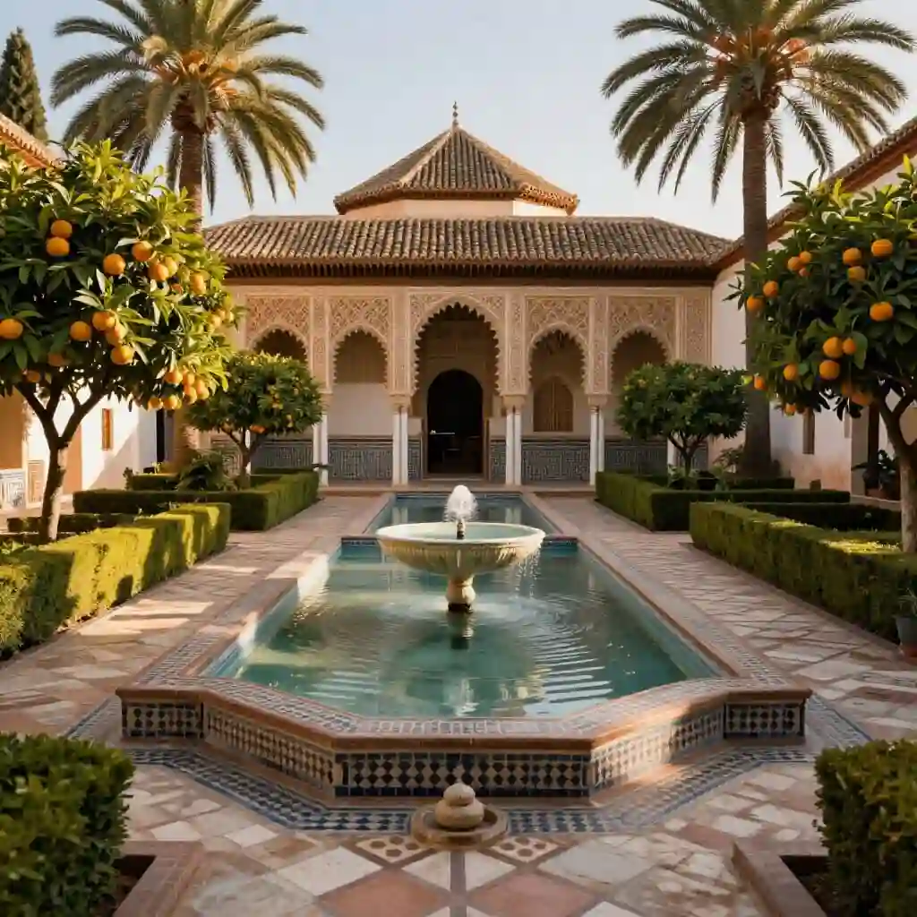 Jardins de l'Alcazar de Séville avec bassins, orangers et architecture mauresque
