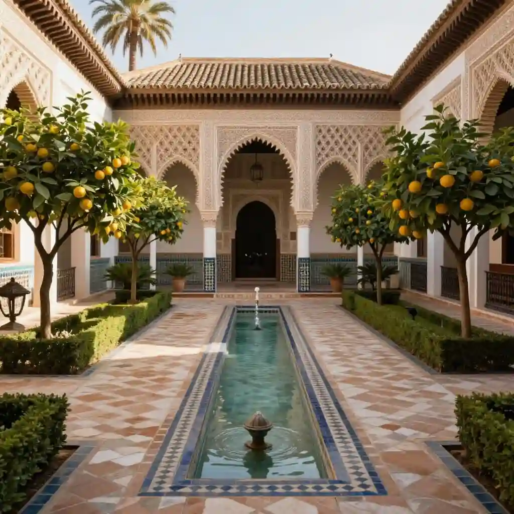 Jardin arabo-andalou avec bassin, végétation et architecture mauresque
