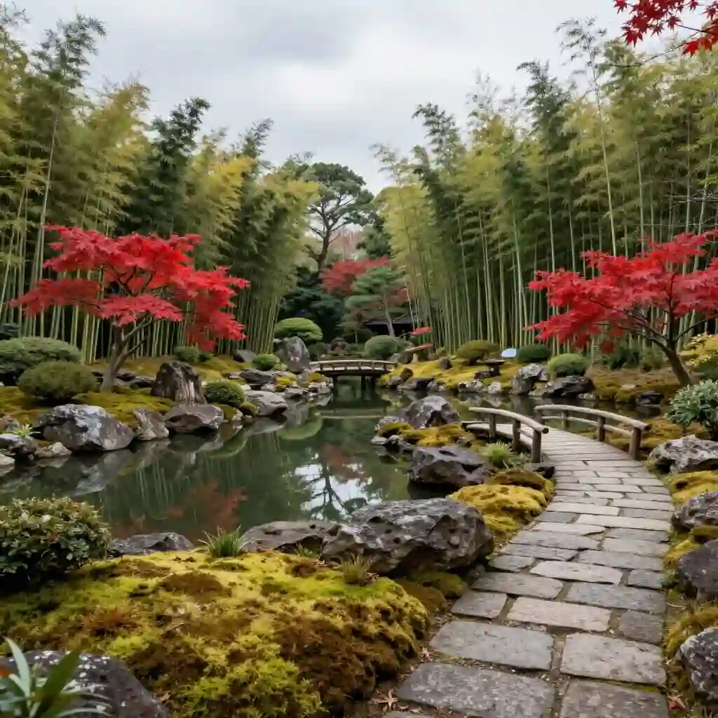 Jardin japonais avec pierres, bassin, mousse et végétation équilibrée