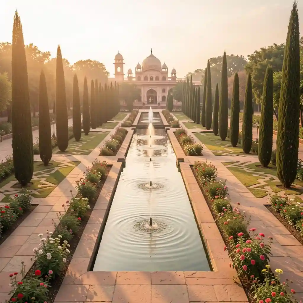 Jardin moghol organisé autour de canaux d'eau et de bassins symétriques