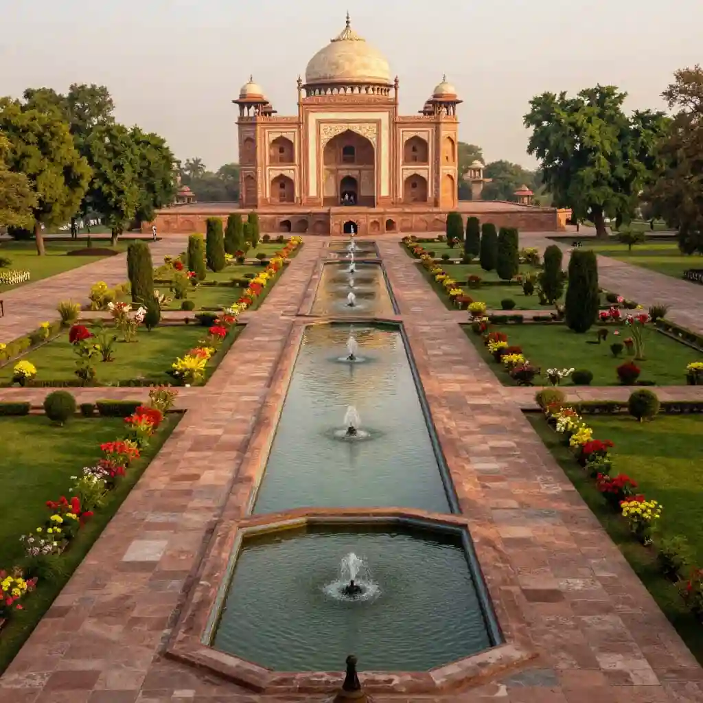 Jardin moghol avec canaux d'eau, bassins et composition géométrique