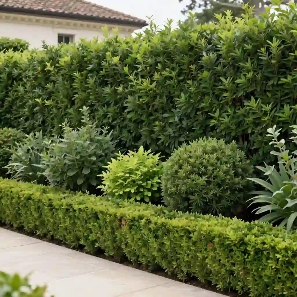 Haie dense composée d'arbustes pour préserver l'intimité d'un jardin