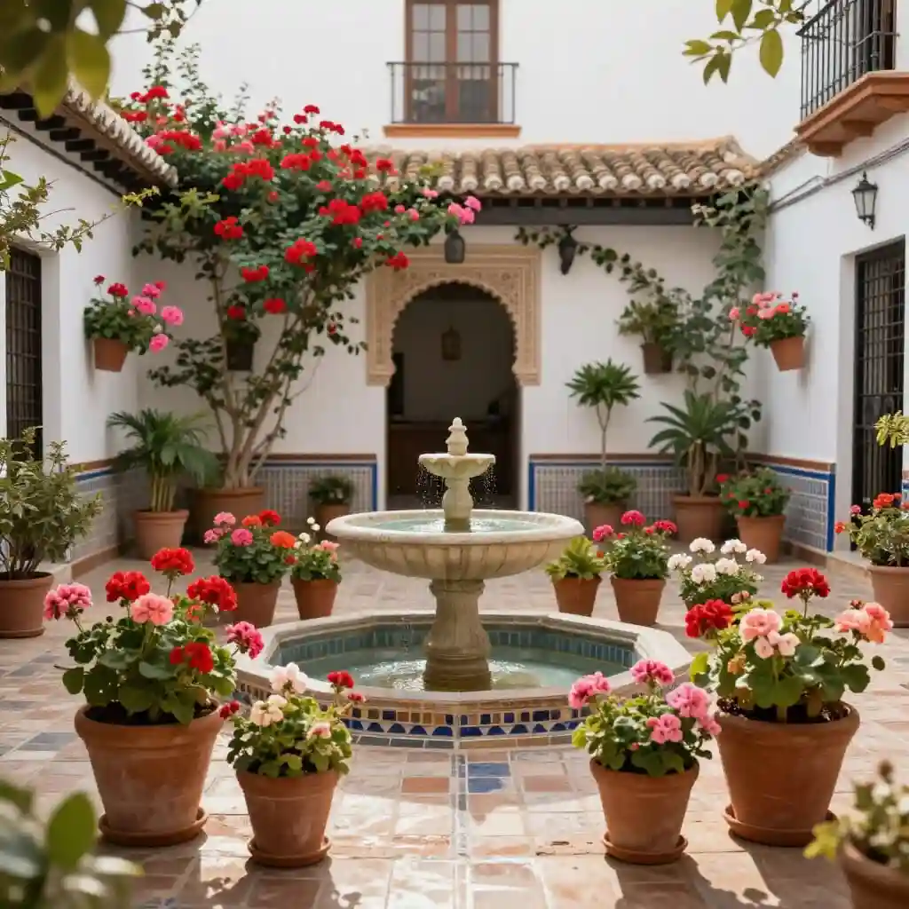Patio fleuri traditionnel de Cordoue avec pots de fleurs et fontaine