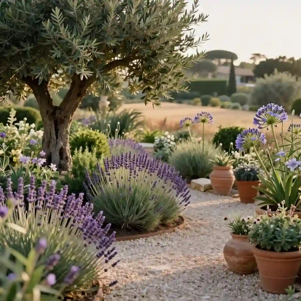 Jardin méditerranéen avec olivier, lavande et plantes résistantes à la chaleur