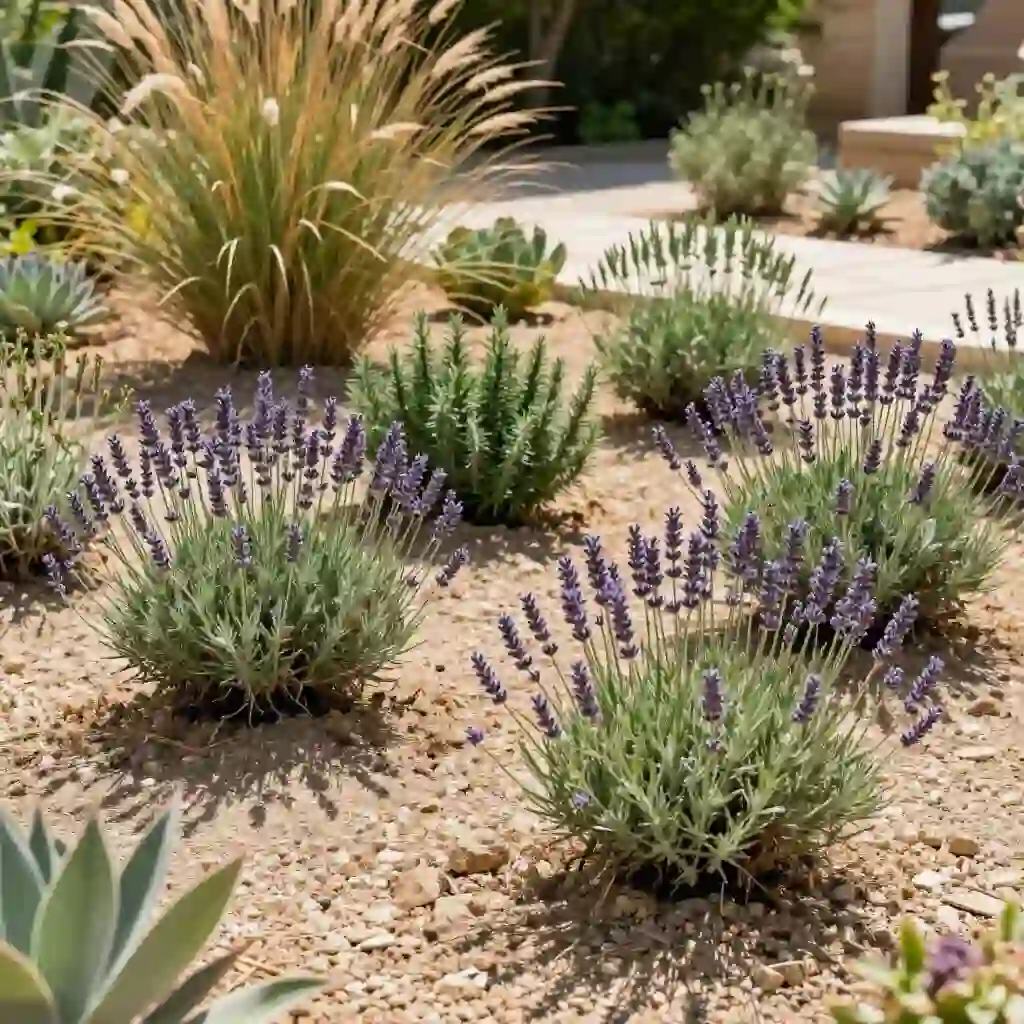 Jardin sec avec plantes résistantes à la sécheresse et faible besoin en eau