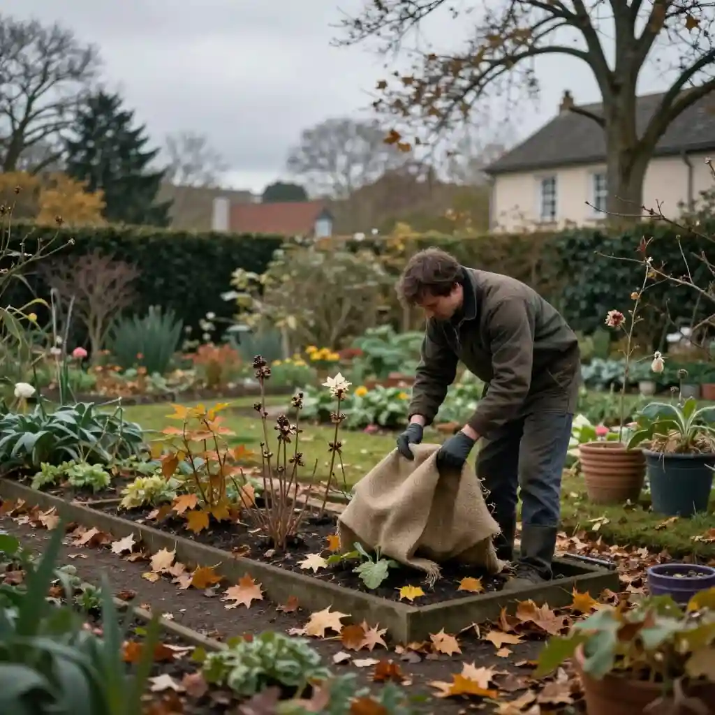 Préparation d'un jardin avant l'hiver avec protection des plantes