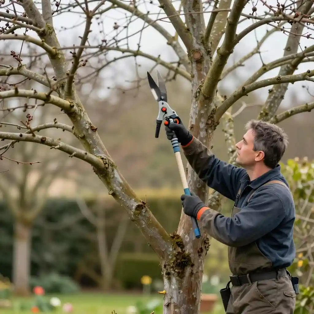 Élagage d'un arbre par un professionnel dans un jardin