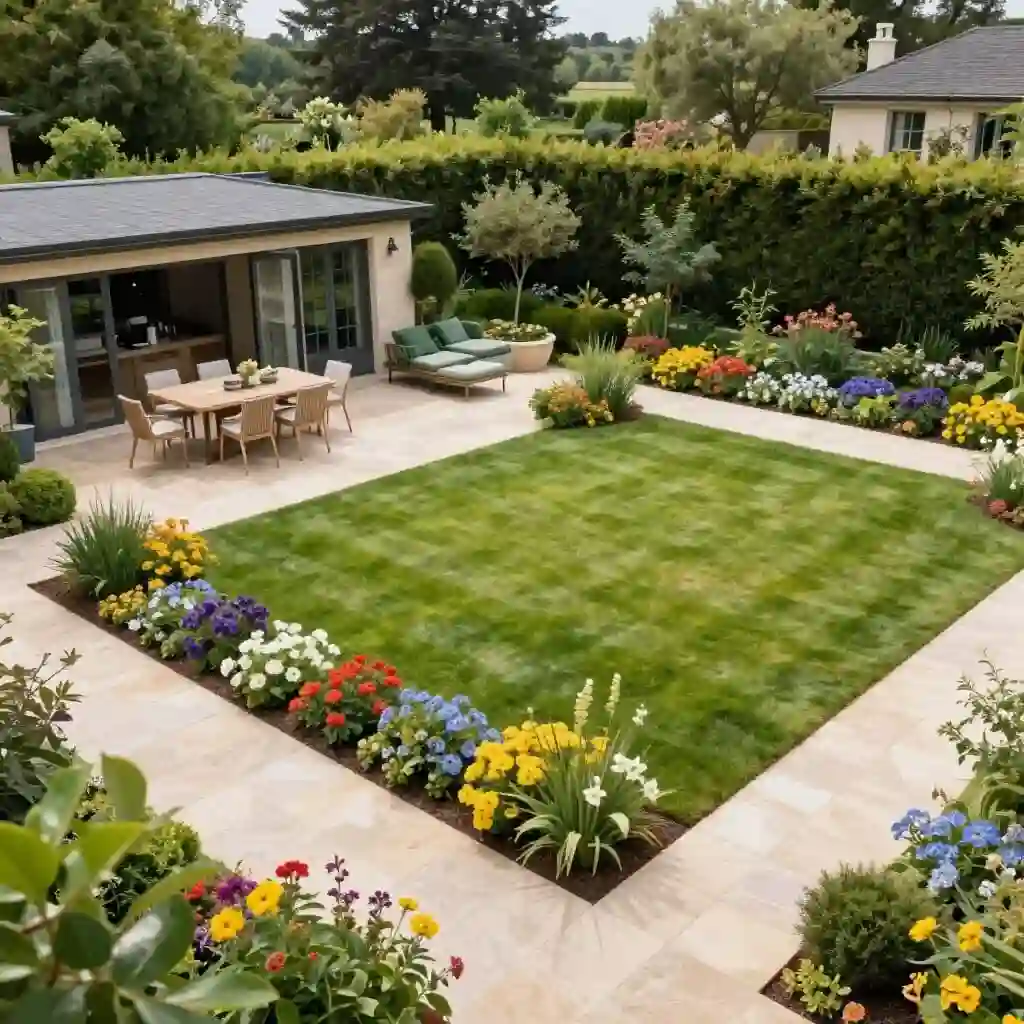 Jardin structuré en plusieurs espaces dédiés au repas, à la détente et à la végétation