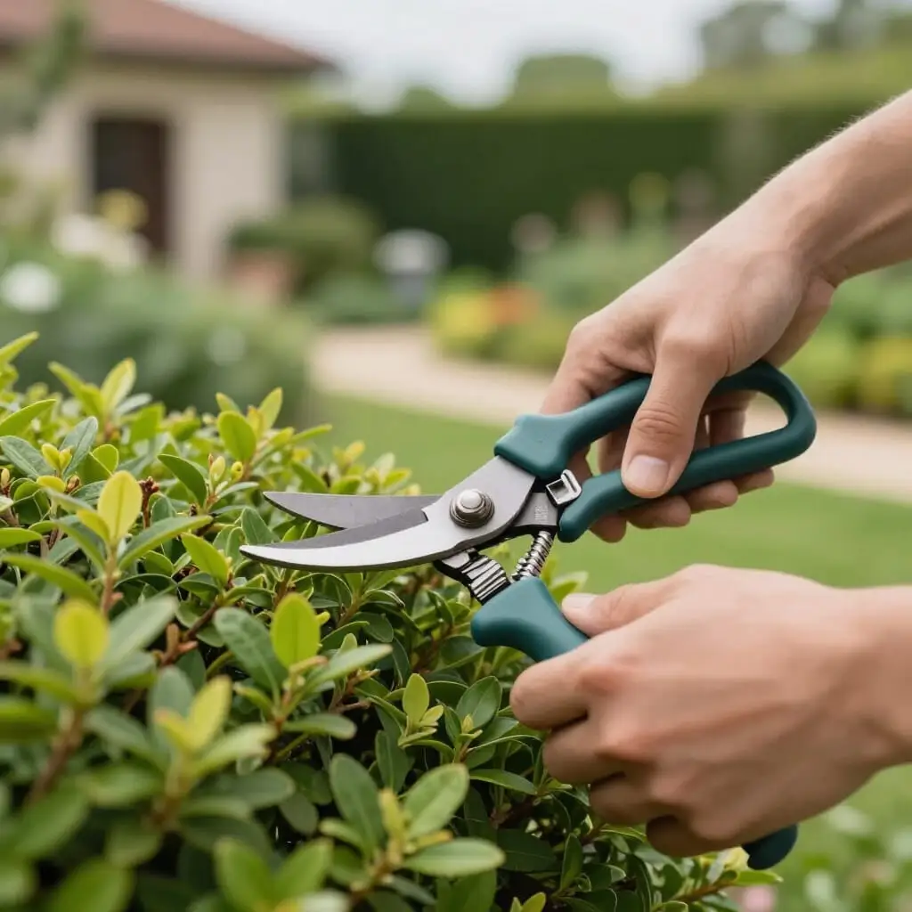 Jardinier taillant un arbuste avec un sécateur dans un jardin
