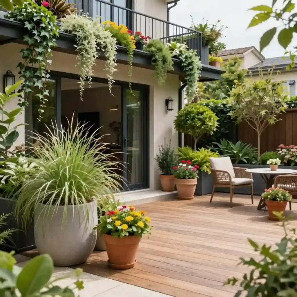 Terrasse végétalisée avec plantes en pots, arbustes et graminées